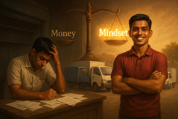 Two Bangladeshi men symbolizing Mindset vs Money — one losing wealth, another succeeding through the right mindset.