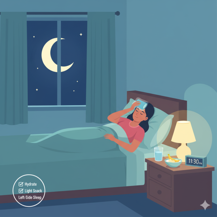 Person holding head due to night migraine, with acid reflux icon beside them, showing need for quick relief tips.