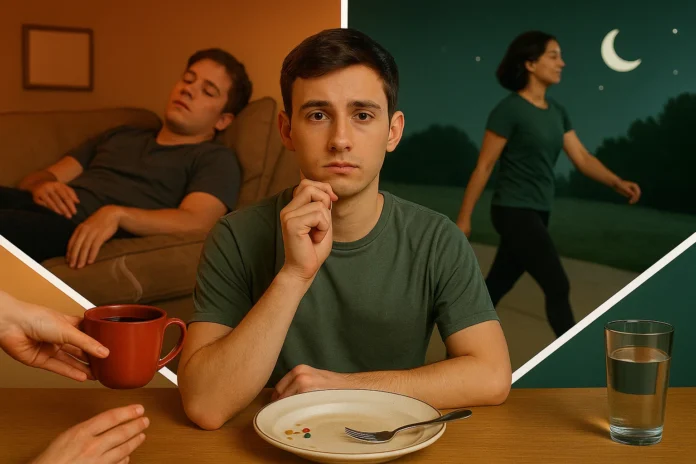 post-meal-habits-rules A split image showing bad post-meal habits like sleeping and drinking tea, contrasted with good habits like a light walk.