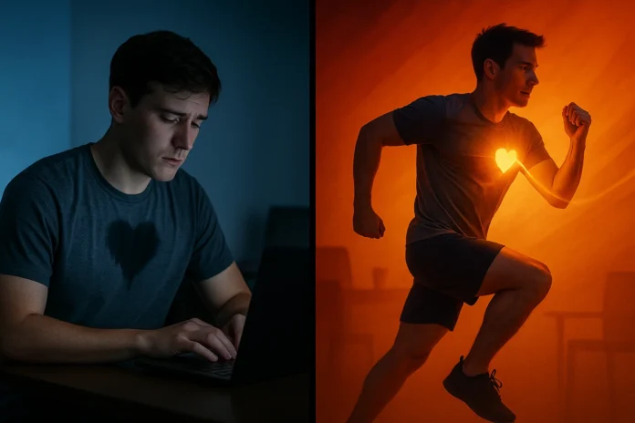 Middle-aged person doing High-Intensity Interval Training (HIIT) or endurance exercise to reverse heart aging and strengthen the left ventricle.