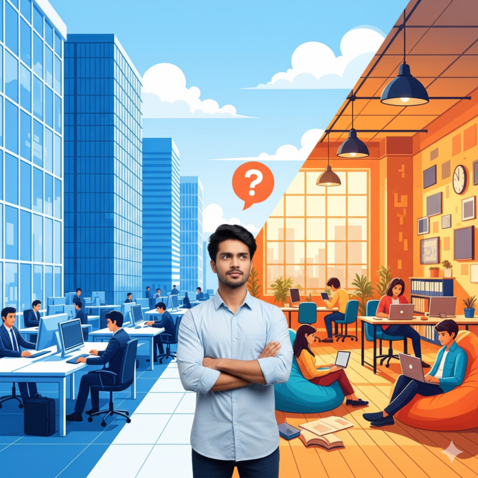 A young person standing at a crossroads, with one path leading to a modern, structured corporate building and the other to a creative, vibrant startup office.