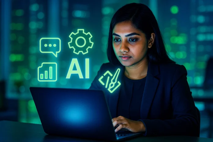 Young professional learning top AI skills for the future with floating tech icons and digital elements