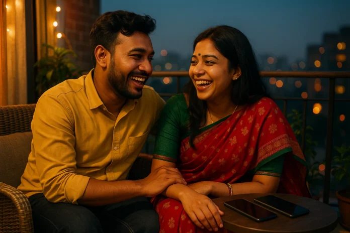 A happy Bangladeshi couple looking connected and understood, representing the 5 love languages in a relationship.