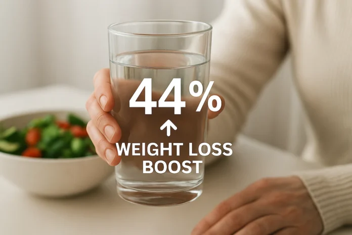 A person drinking a glass of water before a healthy meal, symbolizing an easy way to lose weight.