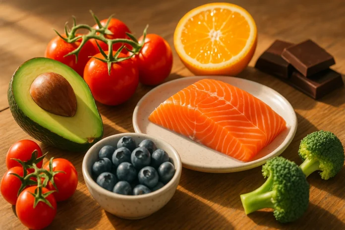 Healthy foods like avocado, tomato, salmon, orange, and broccoli arranged beautifully for glowing youthful skin