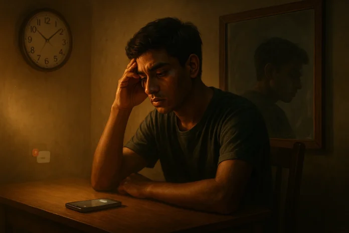 A young Bangladeshi man looking thoughtful in front of a mirror, symbolizing negative habits affecting personality and success