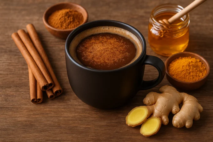 Healthy morning coffee with cinnamon, coconut oil, and turmeric in a cozy Bangladeshi kitchen setting