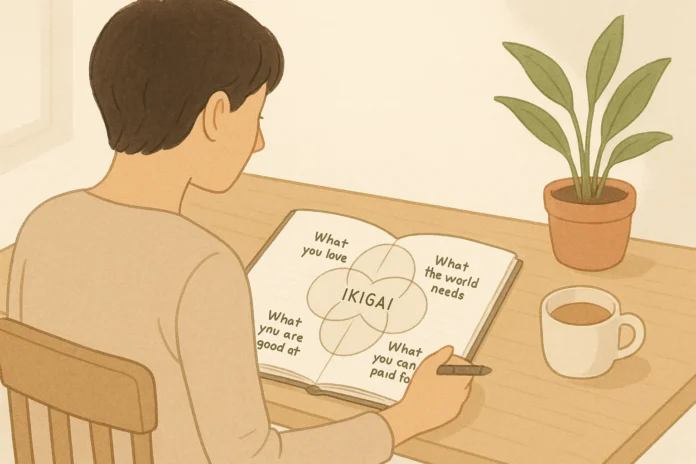 A person discovering their purpose using the Ikigai diagram, calm Japanese aesthetic, minimal design