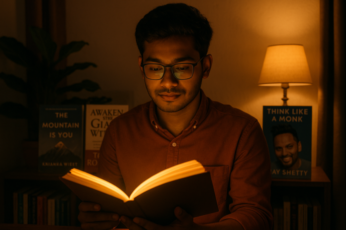 A young man reading a self-development book under warm light, feeling inspired and reflective — symbolizing life-changing nonfiction books as silent mentors.