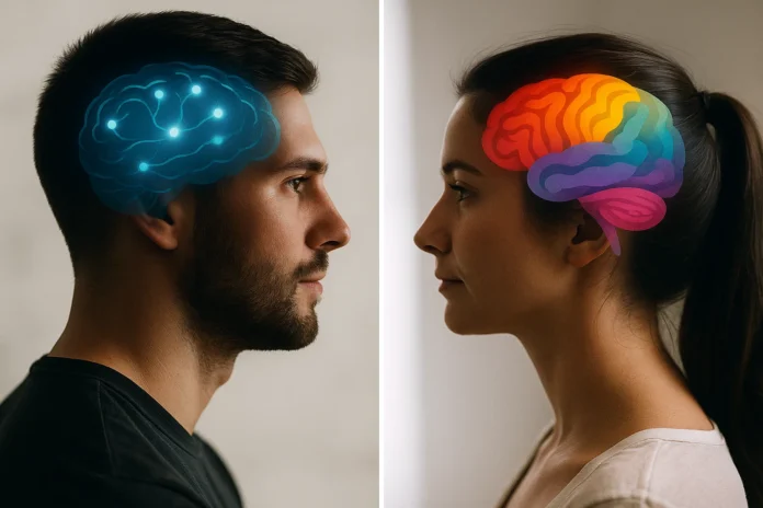 A scientific illustration comparing male and female brain connectivity patterns, showing differences in hemispheres.