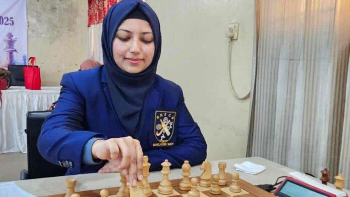 noshin-anjum-hat-trick-chess-champion FIDE Master Noshin Anjum, Bangladesh's hat-trick women's chess champion, focused at the chessboard during the national championship.