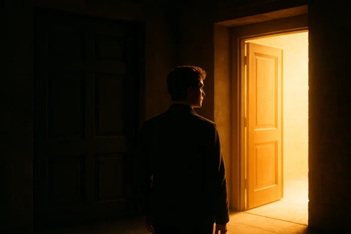 A person looking at a closed door, then turning towards another open door that has bright, hopeful light shining through.
