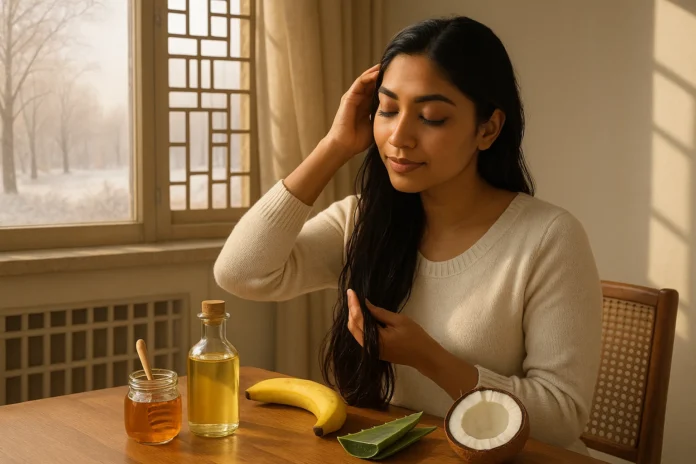 Homemade natural remedies for winter skin and hair care, featuring coconut oil, honey, yogurt, and aloe vera.