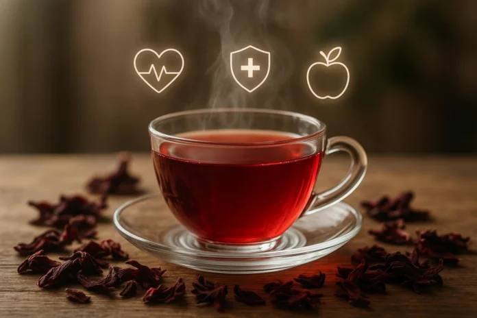 A bright red cup of Roselle (Hibiscus) tea with dried flowers and a slice of lemon, highlighting the health benefits.