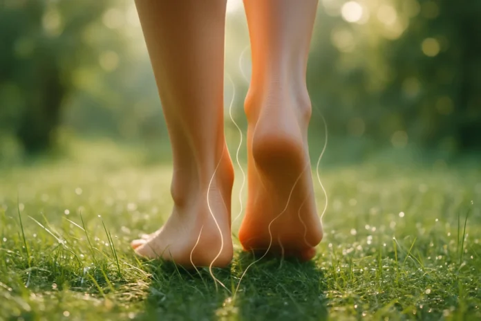 Person walking barefoot on natural ground to experience earthing health benefits.