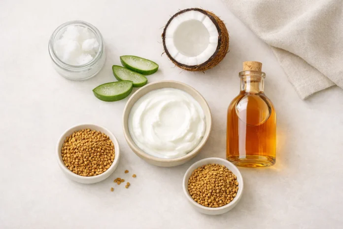 woman applying natural hair remedy for dandruff and dry scalp
home treatment with aloe vera and coconut oil for dandruff