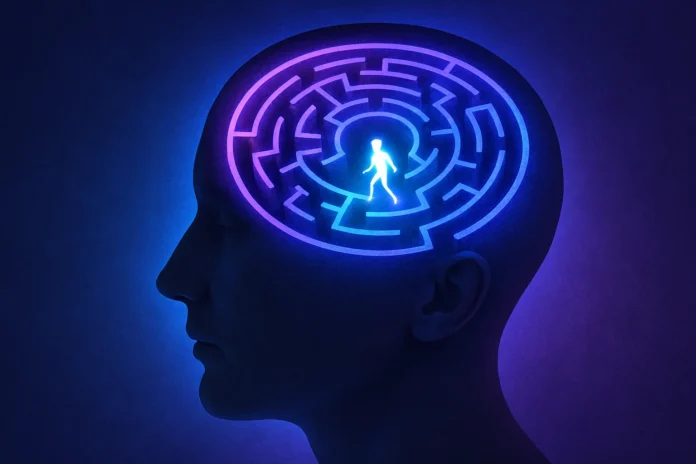 A human head silhouette with complex interconnected lines and symbols (representing critical and complex thinking) radiating from the brain.