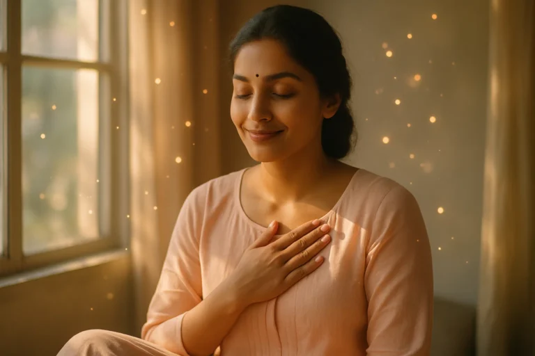 woman practicing self-love and mindfulness with soft natural light