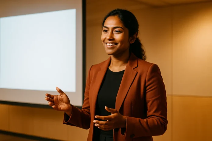 Confident young Bangladeshi professional speaking in an interview or giving a presentation.