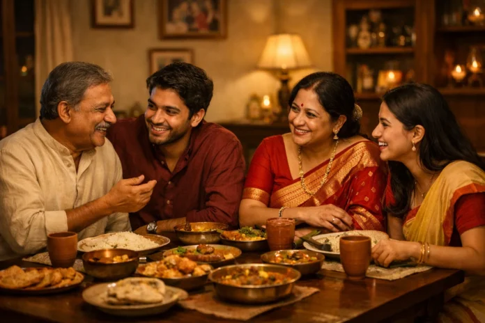 A family having deep conversation at the dinner table without using phones.