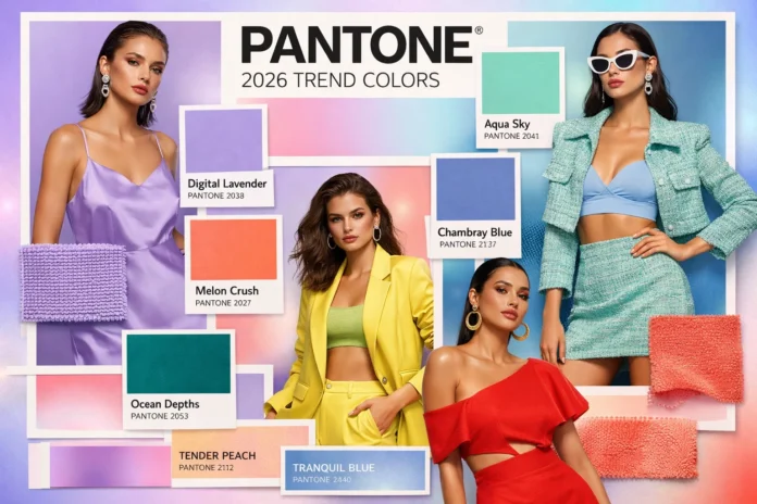 A deep teal colored aesthetic layout showcasing fashion, interior design, and technology products inspired by Pantone's 2026 color forecast.