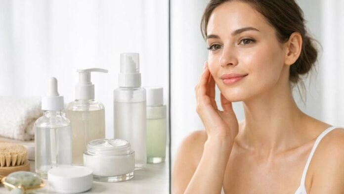 Skin fasting concept showing minimal skincare routine and healthy glowing skin