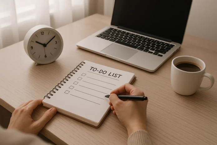 An entrepreneur planning the day with a notebook, laptop, and time-management tools on a desk.