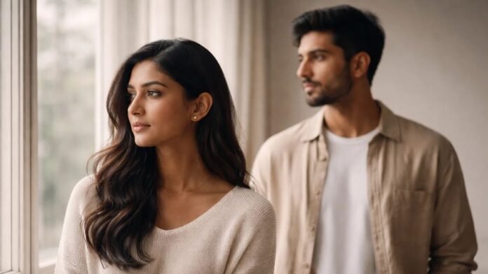 A thoughtful couple reflecting on emotional distance and connection in modern relationships