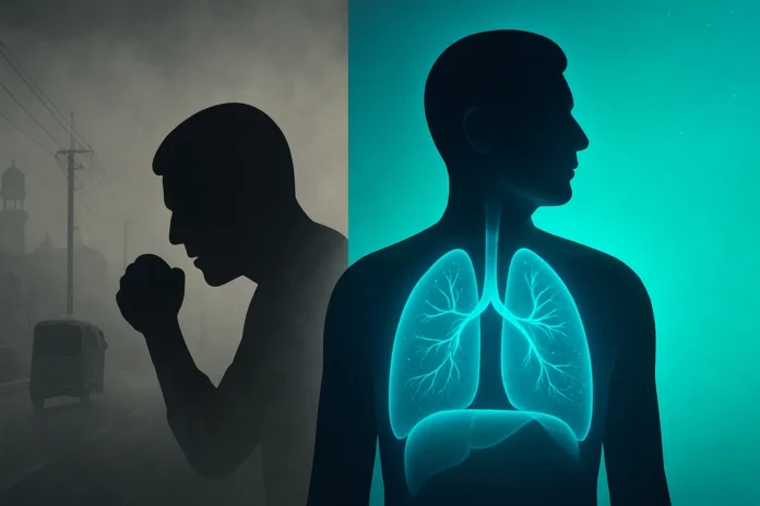 A person sitting in a calm indoor setting doing deep diaphragmatic breathing exercise to improve lung capacity during winter.