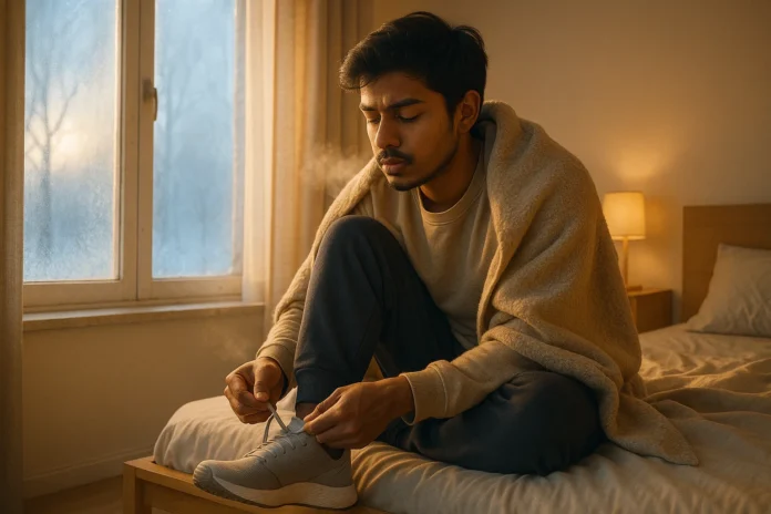 Person struggling to wake up on a cold winter morning and preparing for exercise.