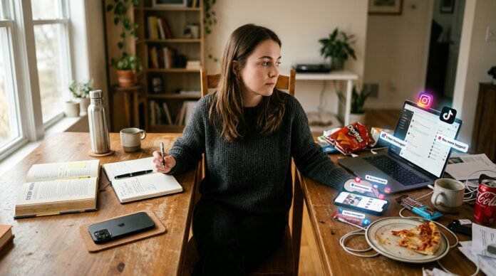 Person organizing a workspace to build better daily habits