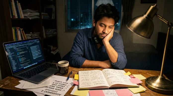 Young person sitting at a desk unable to start work despite having a notebook and laptop