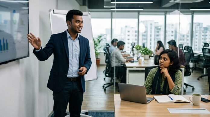 Young professional demonstrating leadership and growth mindset at work