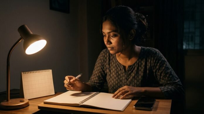 Young person writing in a notebook late at night while building consistent habits